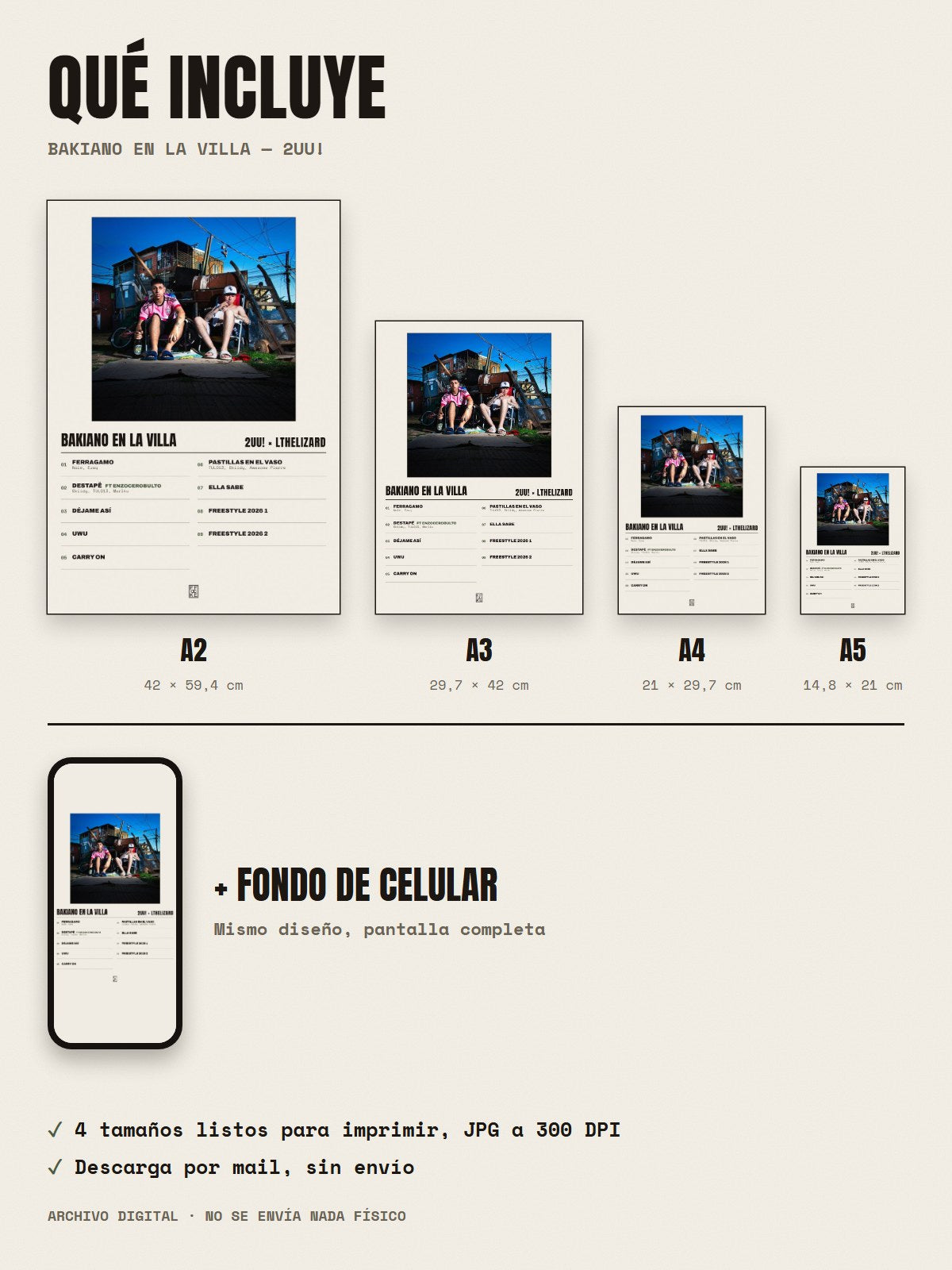 Qué incluye el póster de Bakiano en la Villa de 2UU! × Lthelizard: A2, A3, A4, A5 y fondo de celular