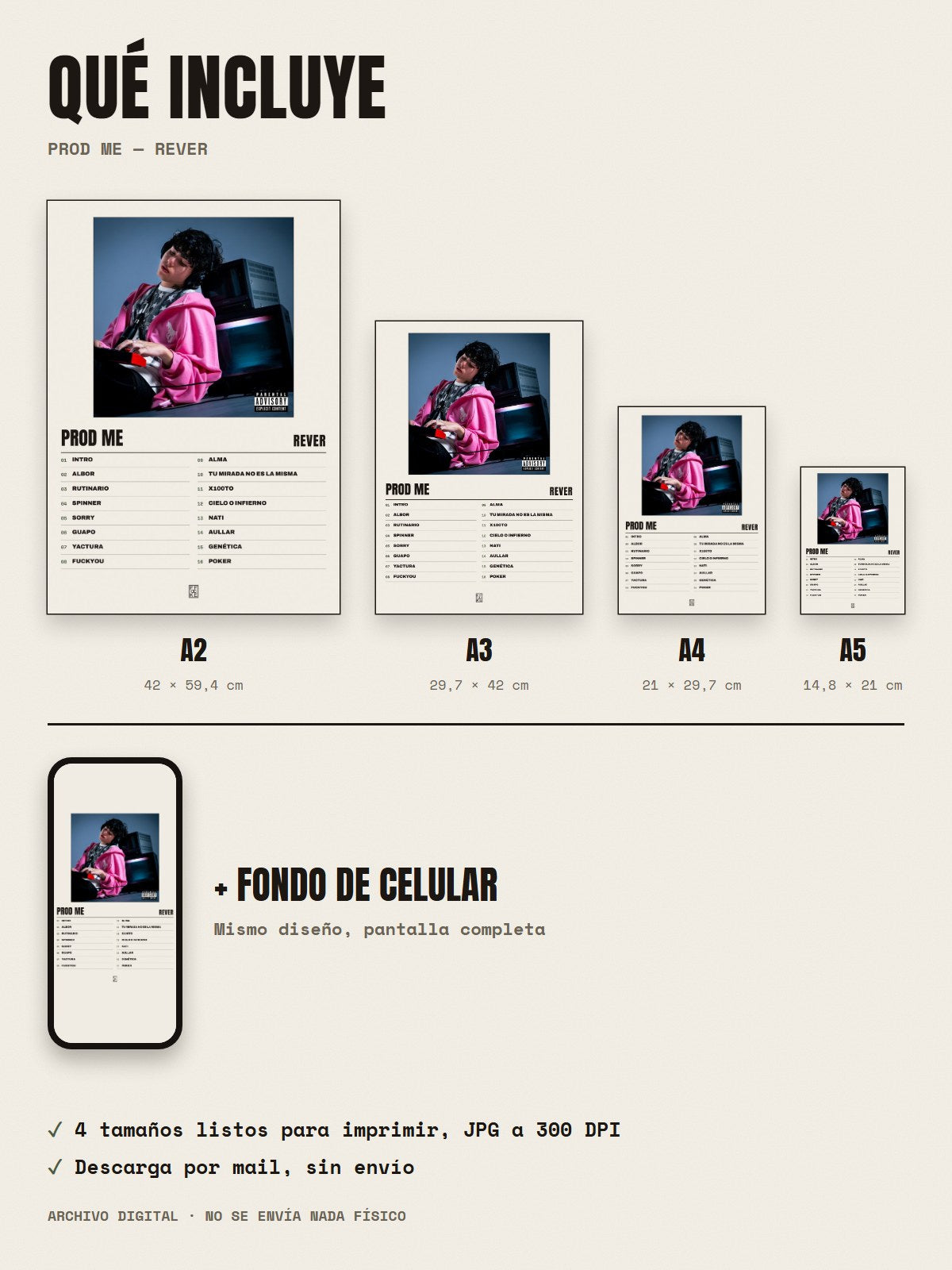 Qué incluye el póster de prod me de Rever: A2, A3, A4, A5 y fondo de celular