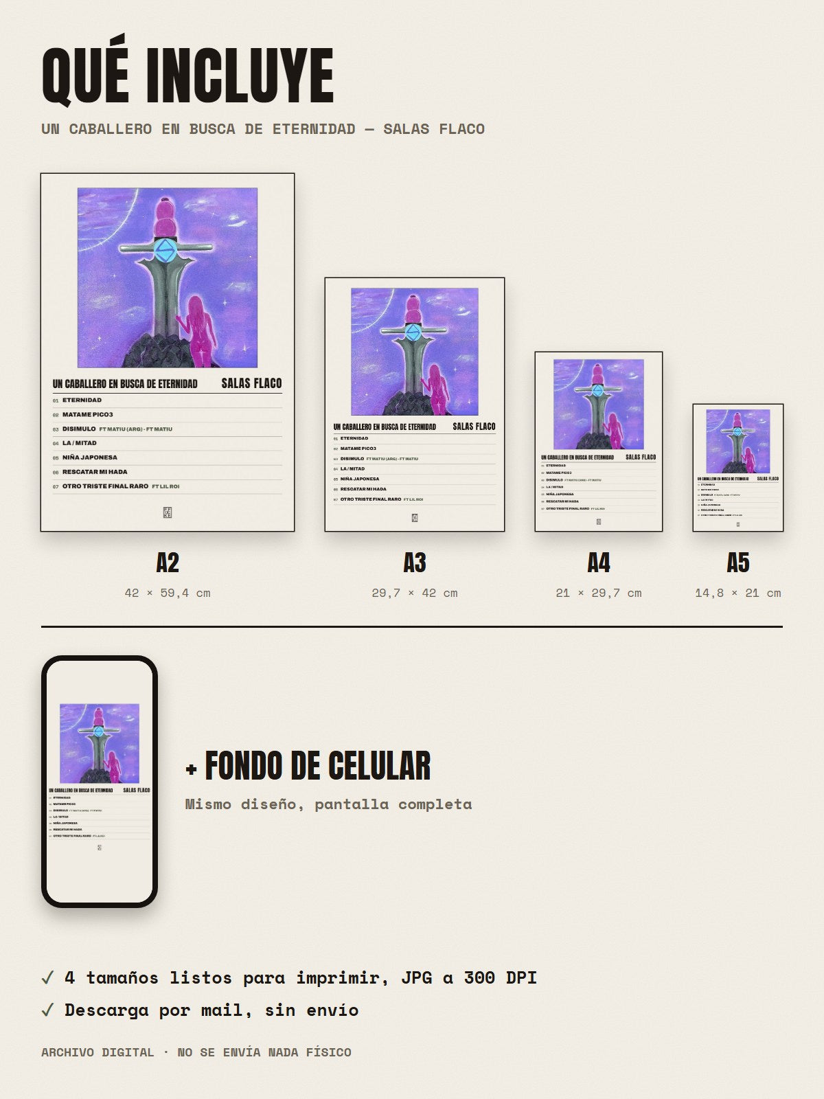 Qué incluye el póster de Un Caballero en Busca de Eternidad de Salas Flaco: A2, A3, A4, A5 y fondo de celular