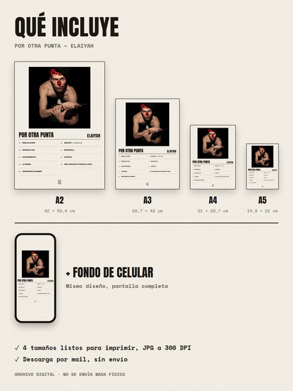 Qué incluye el póster de POR OTRA PUNTA de elaiyah: A2, A3, A4, A5 y fondo de celular
