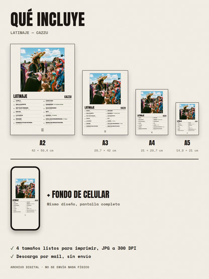 Qué incluye el póster de Latinaje de Cazzu: A2, A3, A4, A5 y fondo de celular