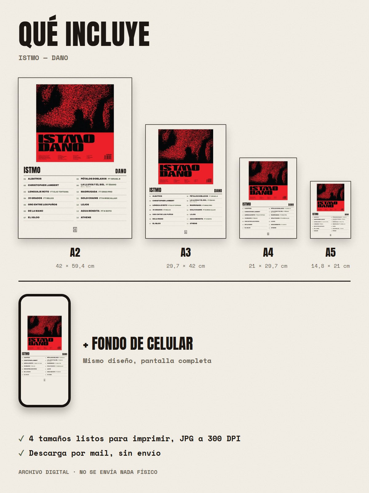 Qué incluye el póster de Istmo de Dano: A2, A3, A4, A5 y fondo de celular