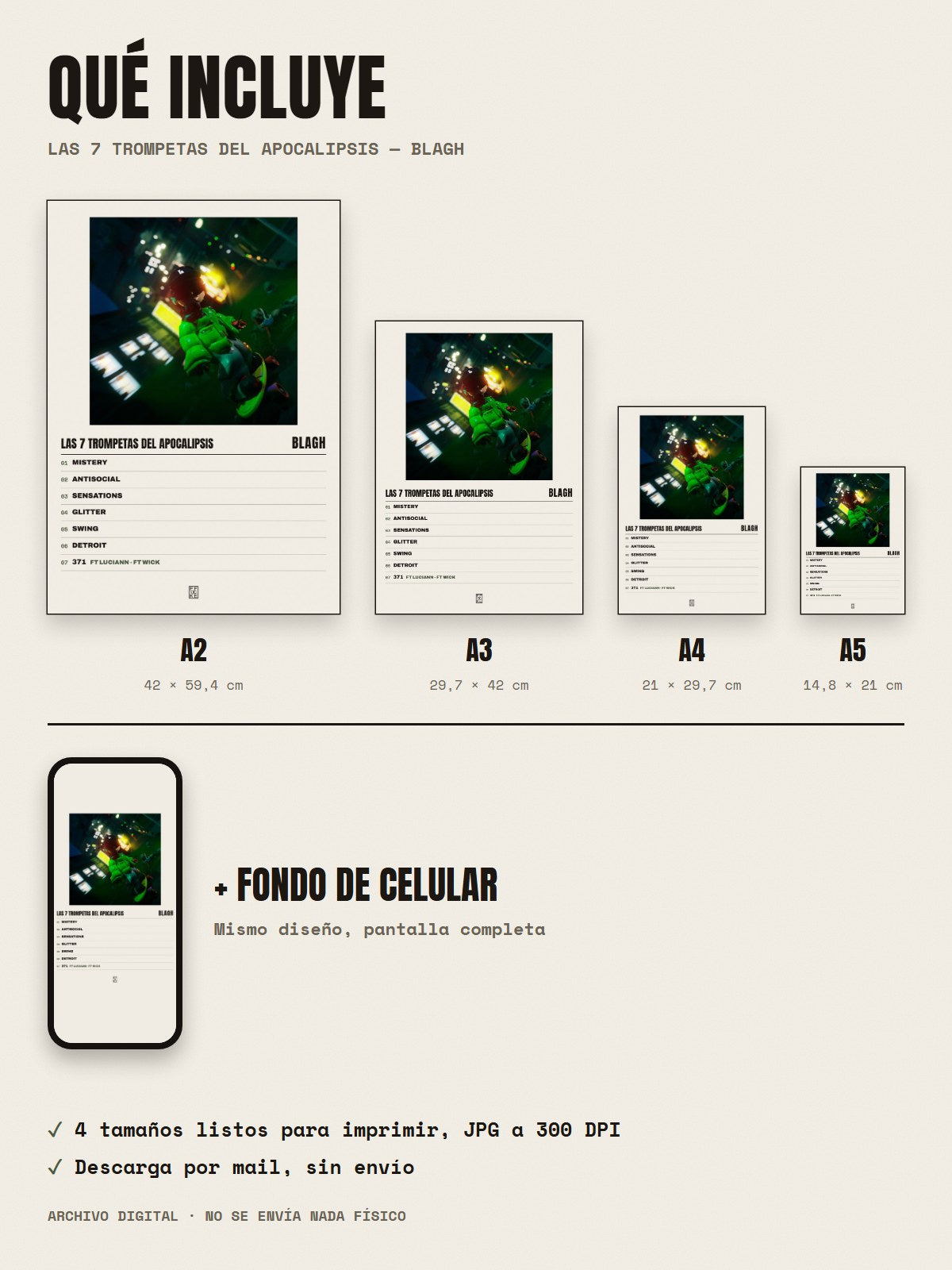 Qué incluye el póster de Las 7 Trompetas del Apocalipsis de Blagh: A2, A3, A4, A5 y fondo de celular