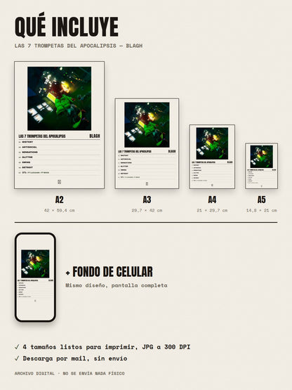 Qué incluye el póster de Las 7 Trompetas del Apocalipsis de Blagh: A2, A3, A4, A5 y fondo de celular