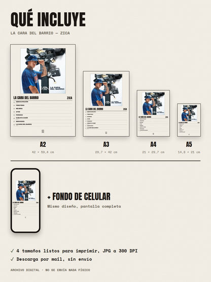 Qué incluye el póster de La Cara Del Barrio de Zica: A2, A3, A4, A5 y fondo de celular