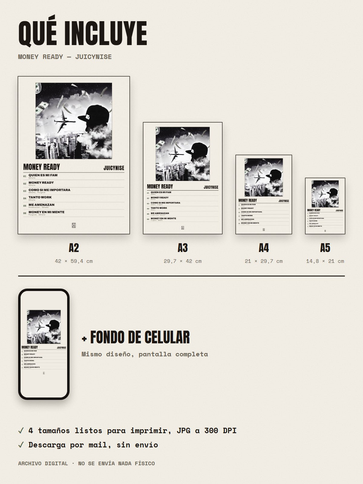 Qué incluye el póster de Money Ready de JuicyNise: A2, A3, A4, A5 y fondo de celular