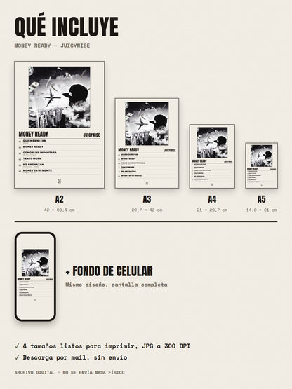 Qué incluye el póster de Money Ready de JuicyNise: A2, A3, A4, A5 y fondo de celular