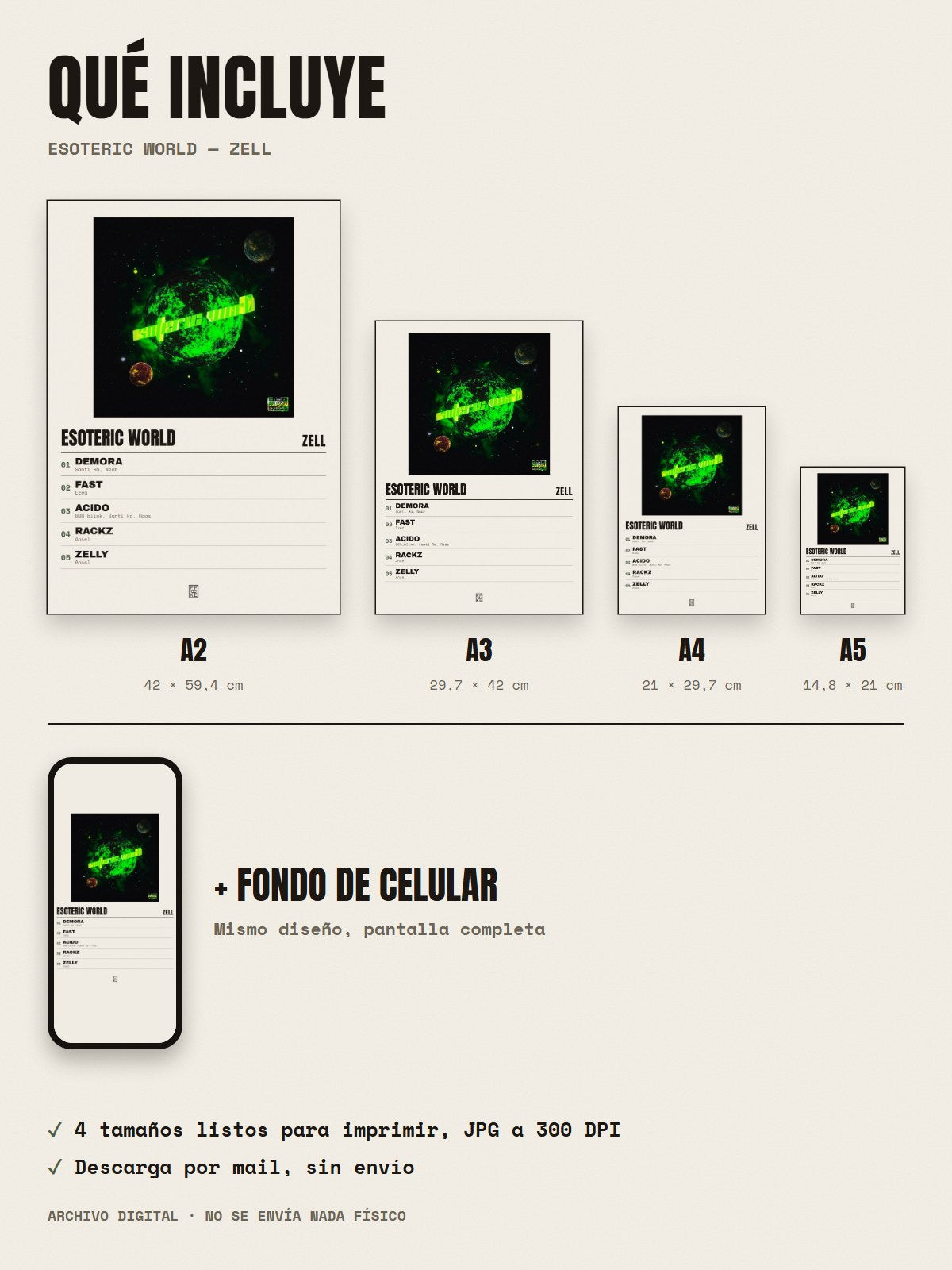 Qué incluye el póster de Esoteric World de Zell: A2, A3, A4, A5 y fondo de celular