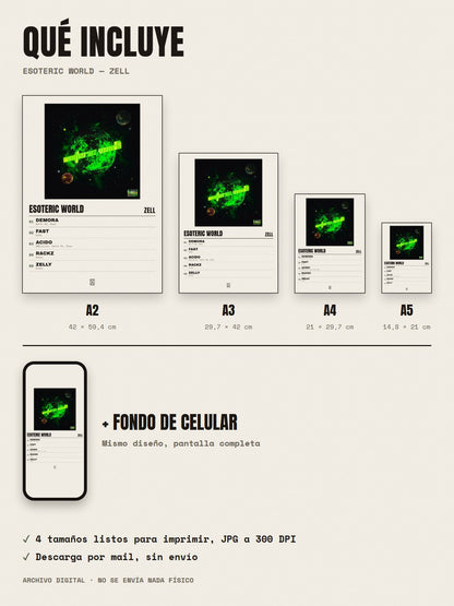 Qué incluye el póster de Esoteric World de Zell: A2, A3, A4, A5 y fondo de celular