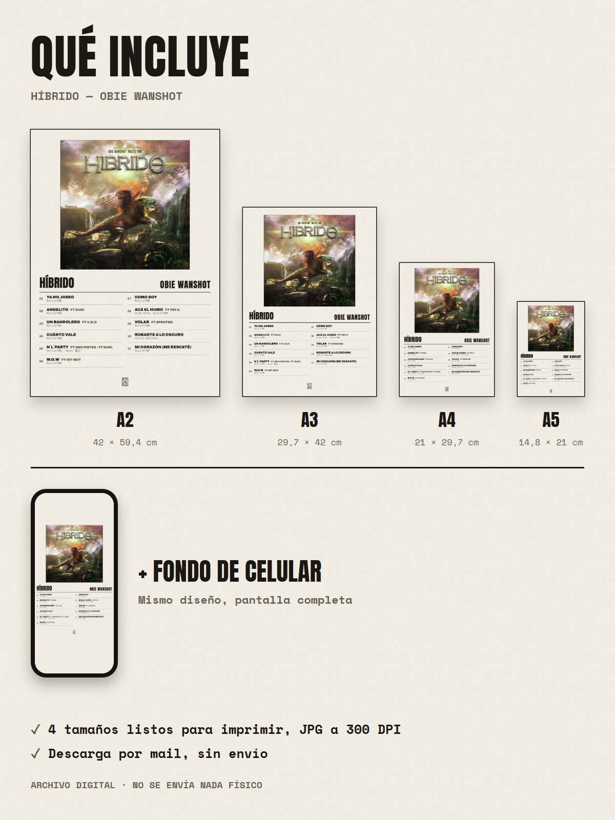 Qué incluye el póster de HÍBRIDO de Obie Wanshot: A2, A3, A4, A5 y fondo de celular