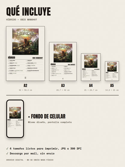 Qué incluye el póster de HÍBRIDO de Obie Wanshot: A2, A3, A4, A5 y fondo de celular