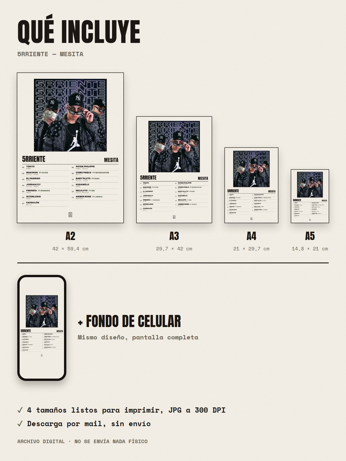 Qué incluye el póster de 5RRIENTE de Mesita: A2, A3, A4, A5 y fondo de celular