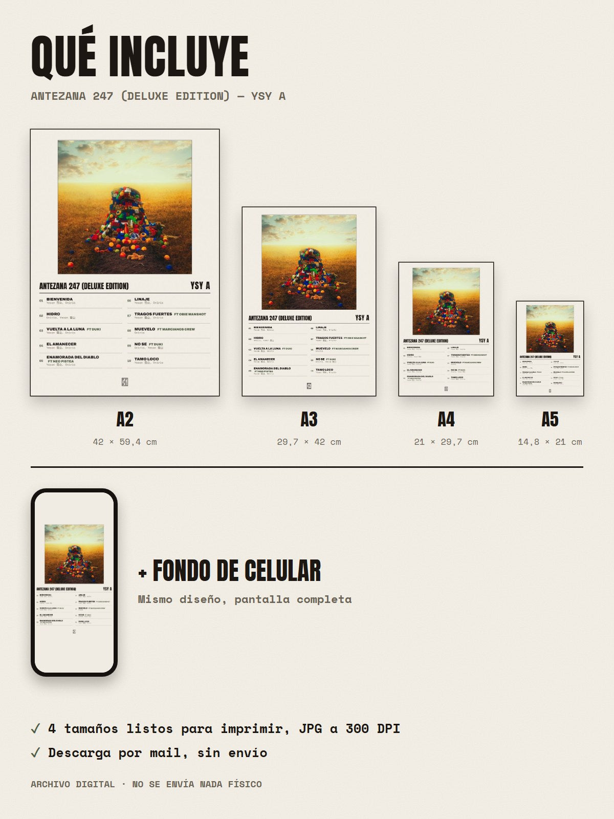 Qué incluye el póster de Antezana 247 (Deluxe Edition) de YSY A: A2, A3, A4, A5 y fondo de celular