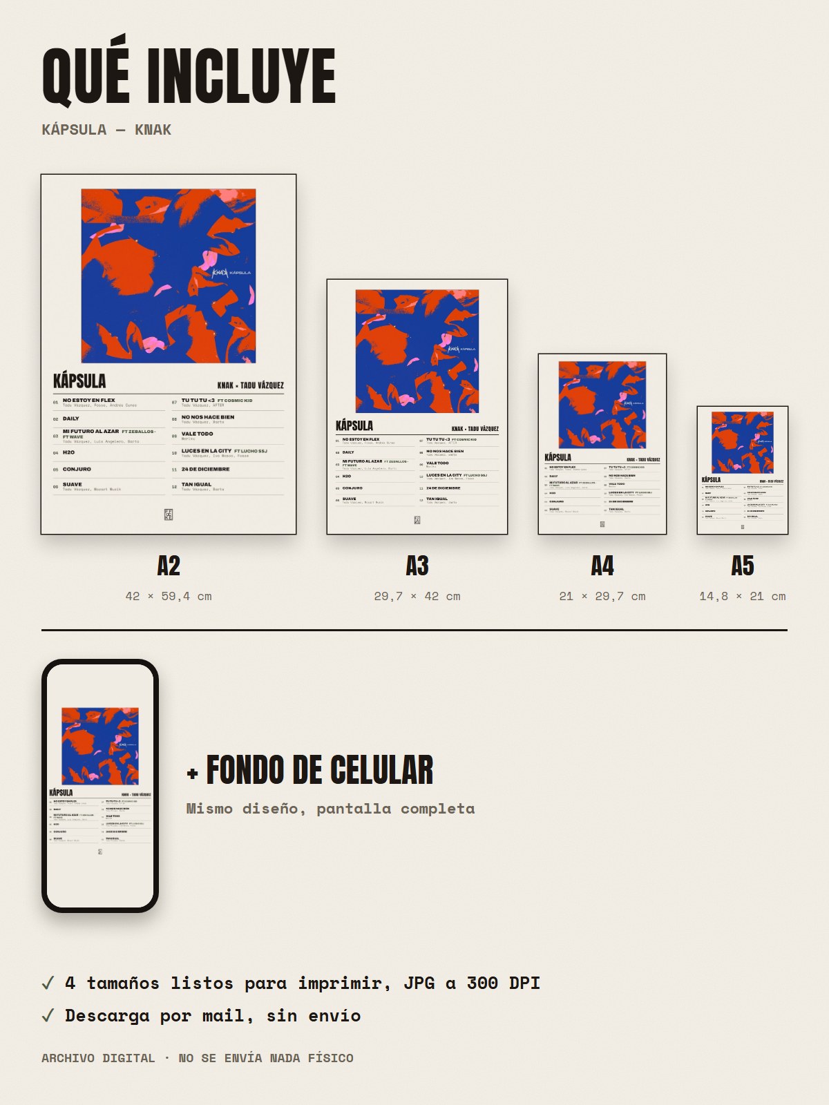Qué incluye el póster de Kápsula de Knak × Tadu Vázquez: A2, A3, A4, A5 y fondo de celular