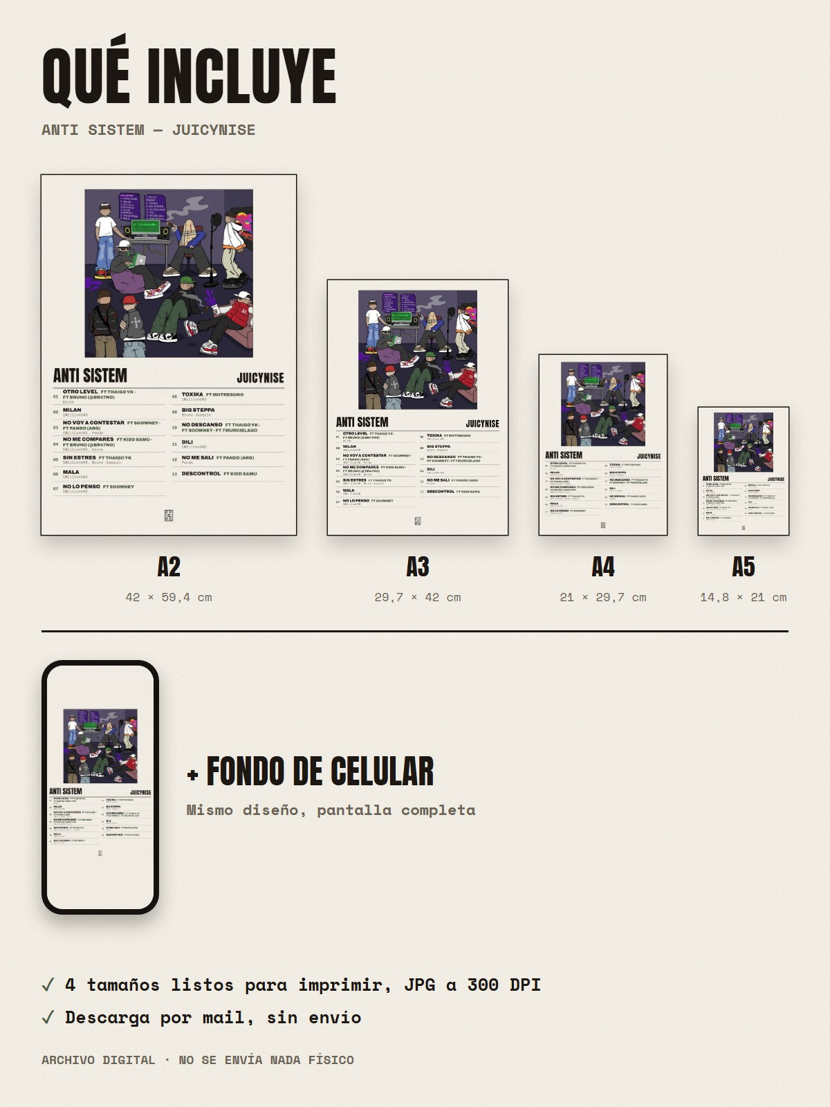 Qué incluye el póster de Anti Sistem de JuicyNise: A2, A3, A4, A5 y fondo de celular