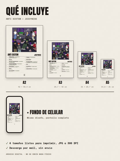 Qué incluye el póster de Anti Sistem de JuicyNise: A2, A3, A4, A5 y fondo de celular