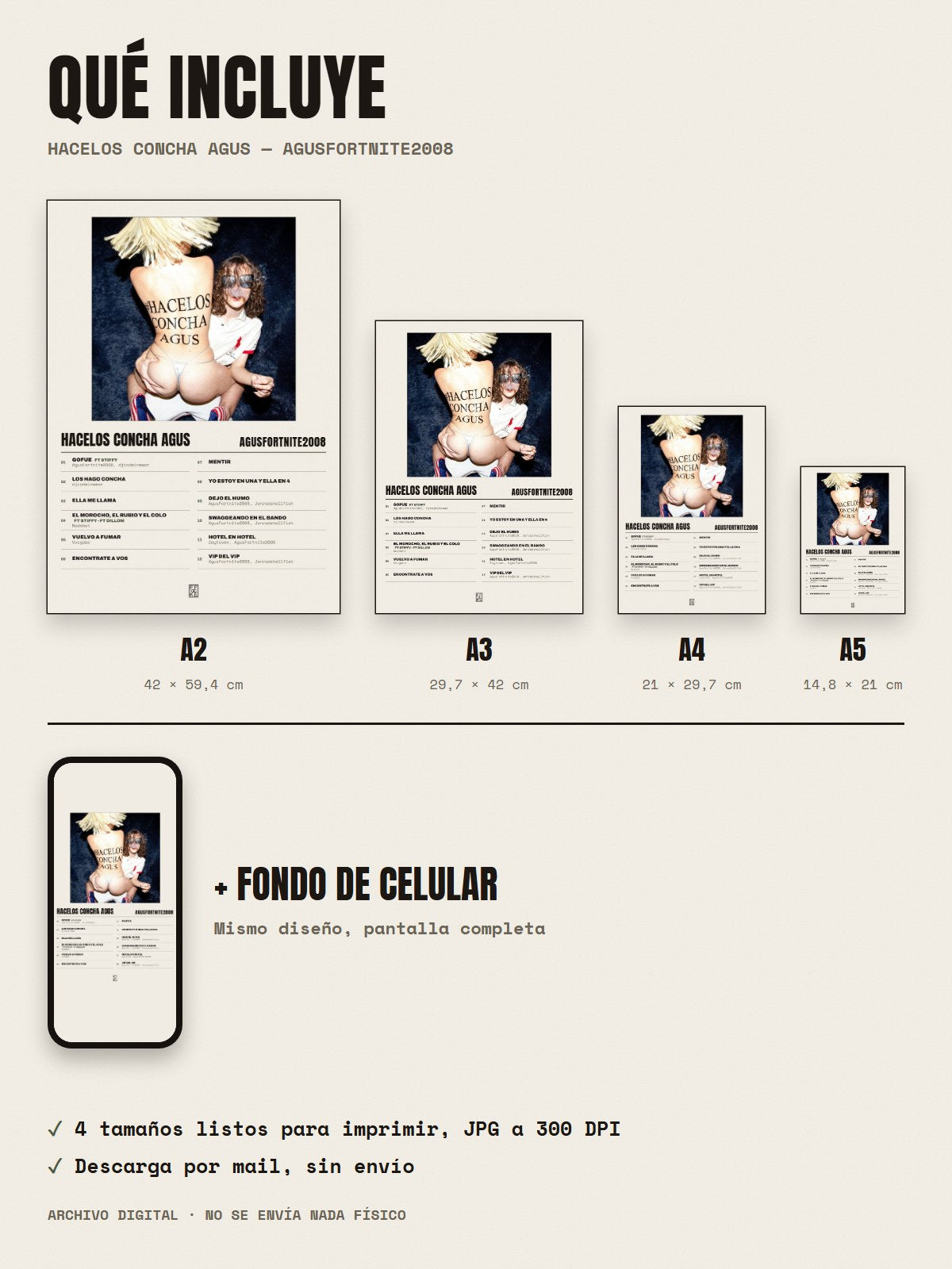 Qué incluye el póster de HACELOS CONCHA AGUS de AgusFortnite2008: A2, A3, A4, A5 y fondo de celular