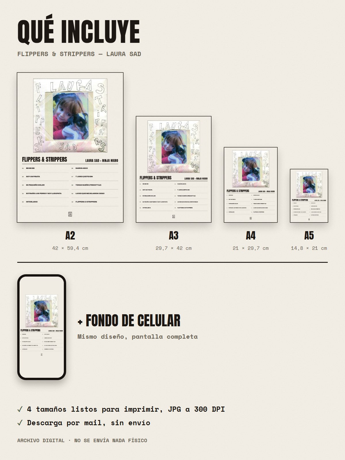 Qué incluye el póster de Flippers & Strippers de Laura Sad × Ninja Nigro: A2, A3, A4, A5 y fondo de celular