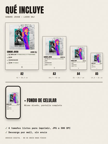 Qué incluye el póster de Sangre Joven de Lucho SSJ: A2, A3, A4, A5 y fondo de celular