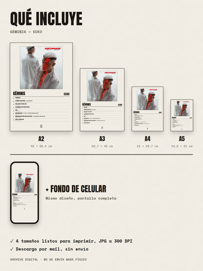 Qué incluye el póster de Géminis de ECKO: A2, A3, A4, A5 y fondo de celular