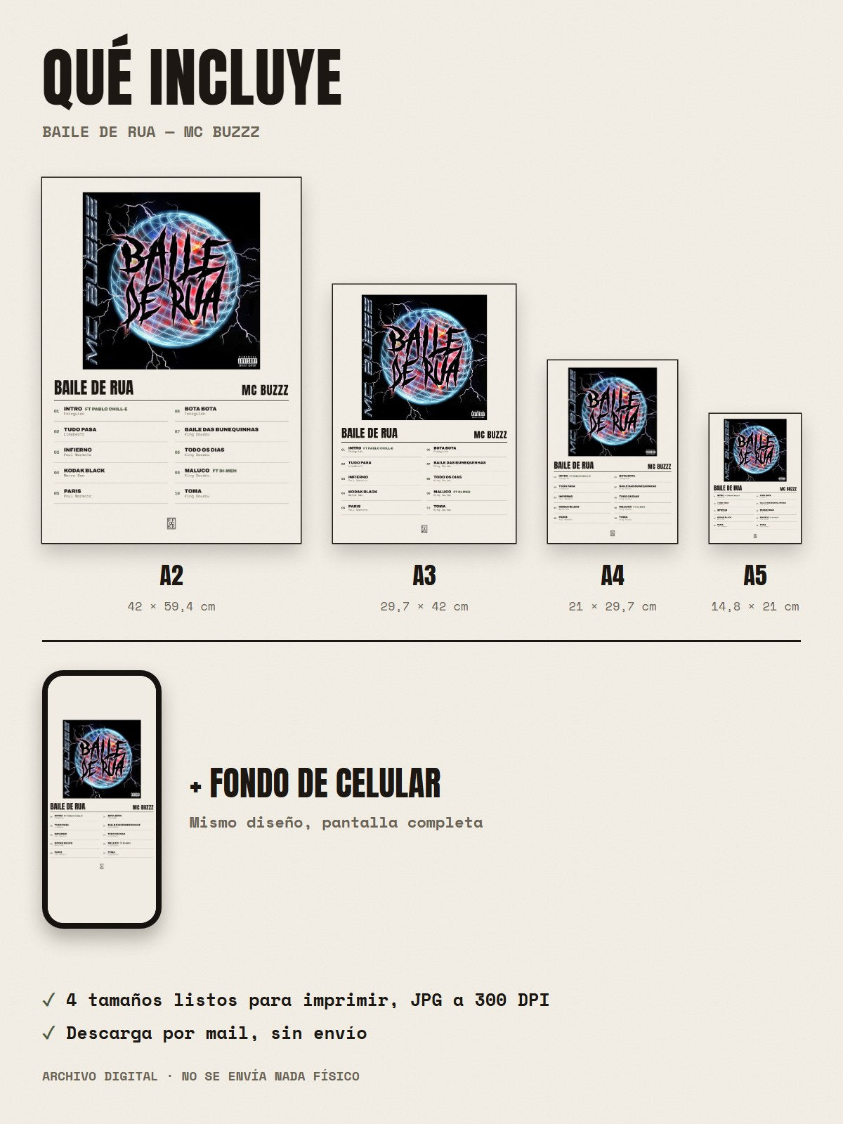 Qué incluye el póster de Baile De Rua de MC Buzzz: A2, A3, A4, A5 y fondo de celular