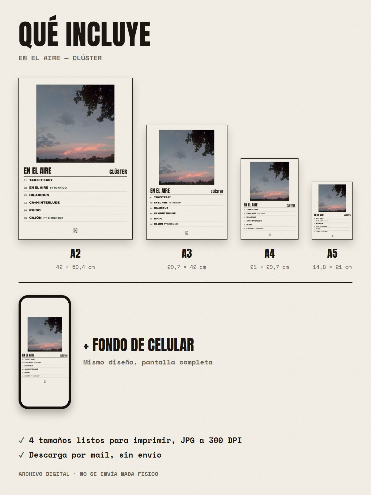 Qué incluye el póster de En el Aire de Clúster: A2, A3, A4, A5 y fondo de celular