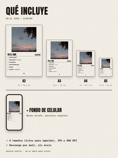Qué incluye el póster de En el Aire de Clúster: A2, A3, A4, A5 y fondo de celular