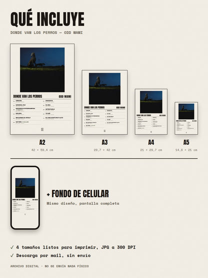 Qué incluye el póster de donde van los perros de ODD MAMI: A2, A3, A4, A5 y fondo de celular
