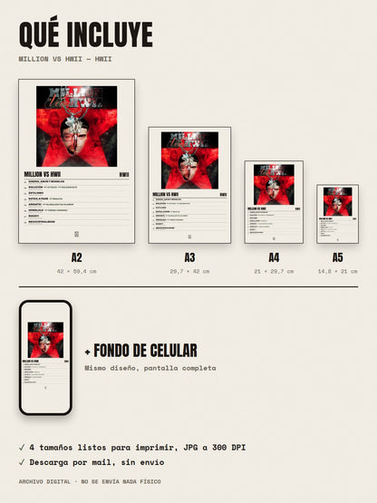 Qué incluye el póster de MILLION vs HWII de Hwii: A2, A3, A4, A5 y fondo de celular