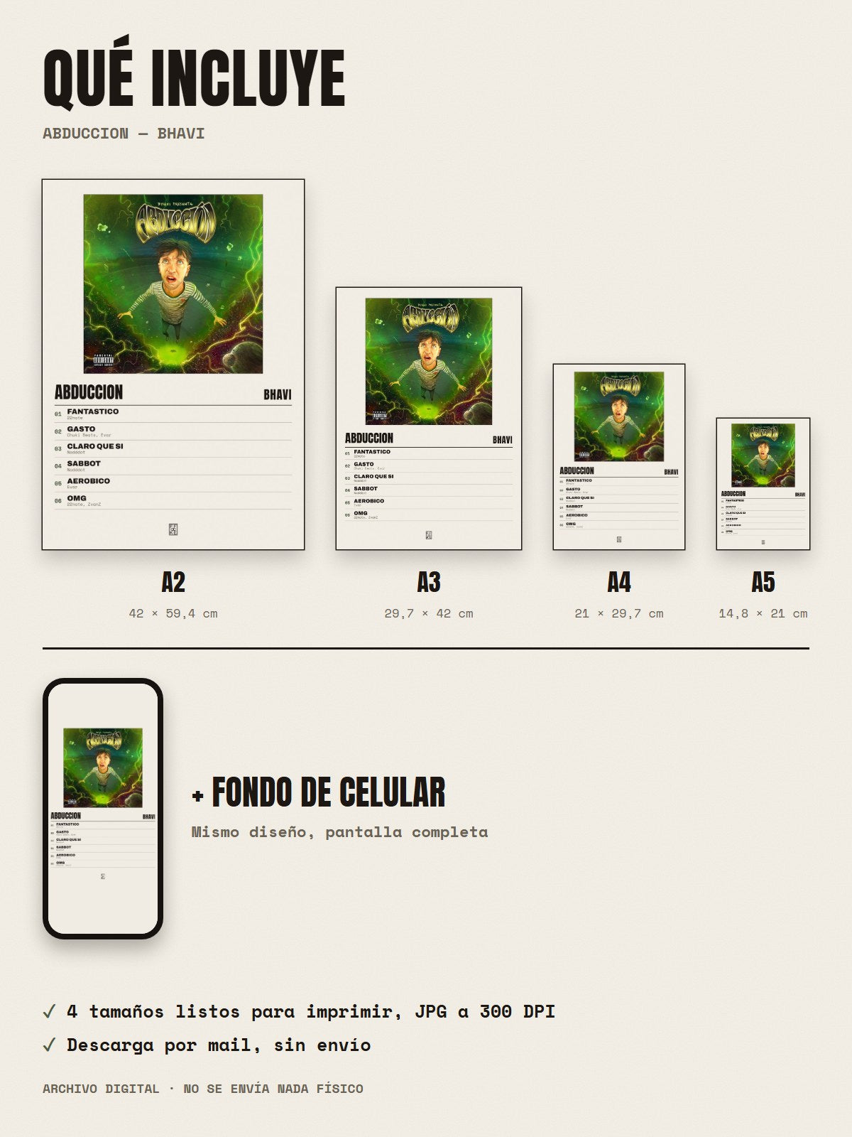 Qué incluye el póster de ABDUCCION de Bhavi: A2, A3, A4, A5 y fondo de celular