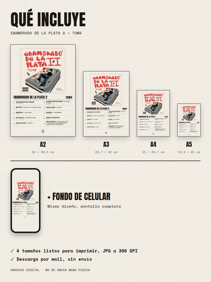 Qué incluye el póster de ENAMORADO DE LA PLATA 2 de tuw4: A2, A3, A4, A5 y fondo de celular