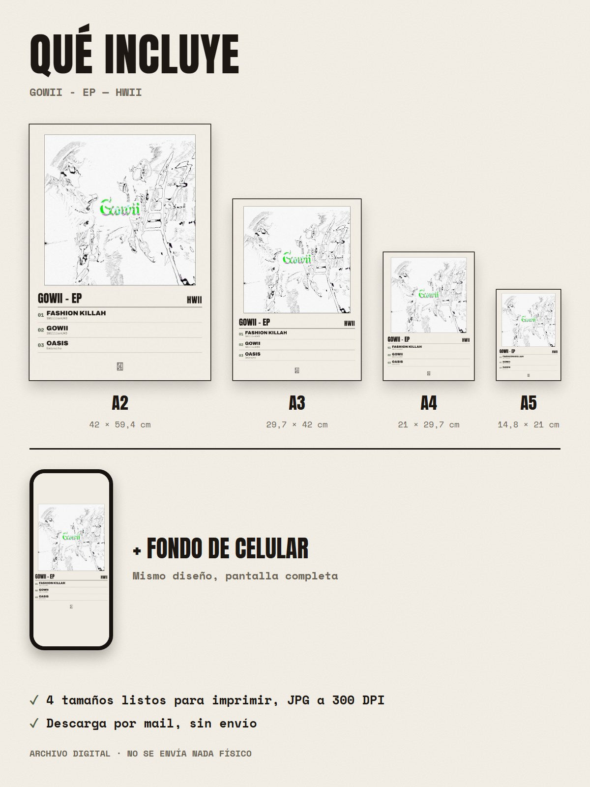 Qué incluye el póster de Gowii - EP de Hwii: A2, A3, A4, A5 y fondo de celular