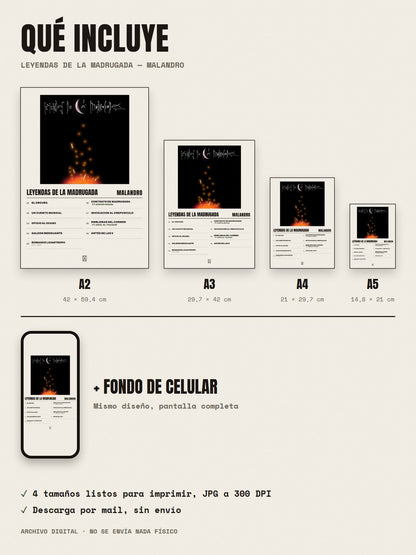 Qué incluye el póster de Leyendas De La Madrugada de Malandro: A2, A3, A4, A5 y fondo de celular