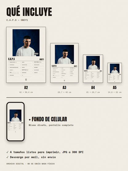 Qué incluye el póster de C.A.P.S de Oney1: A2, A3, A4, A5 y fondo de celular