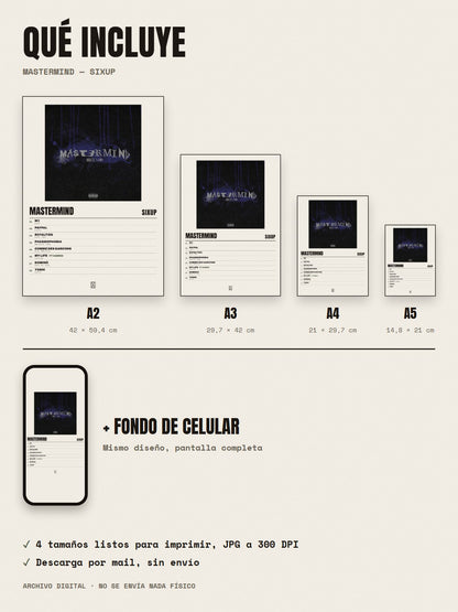 Qué incluye el póster de Mastermind de SixUp: A2, A3, A4, A5 y fondo de celular