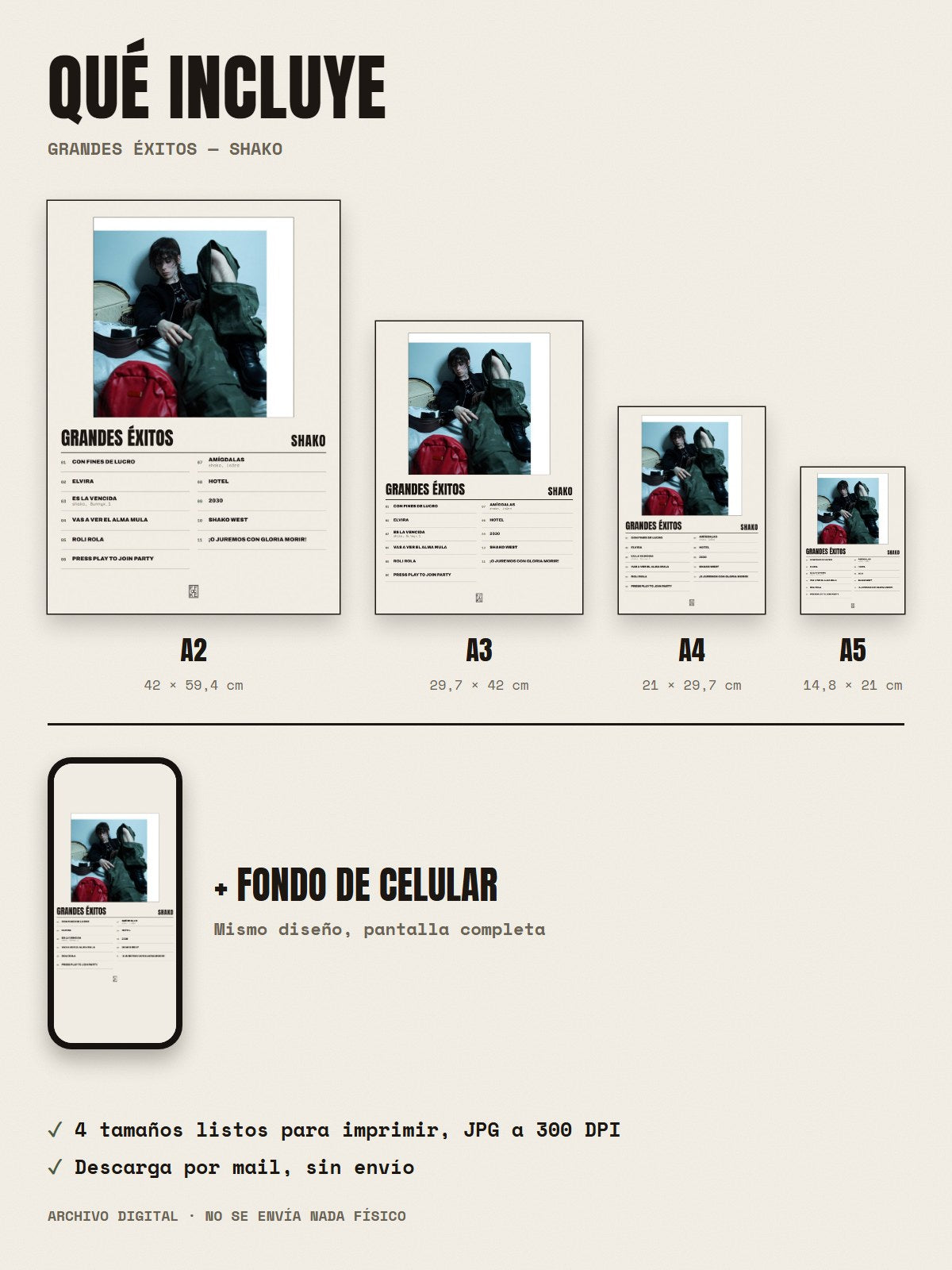 Qué incluye el póster de grandes éxitos de Shako: A2, A3, A4, A5 y fondo de celular