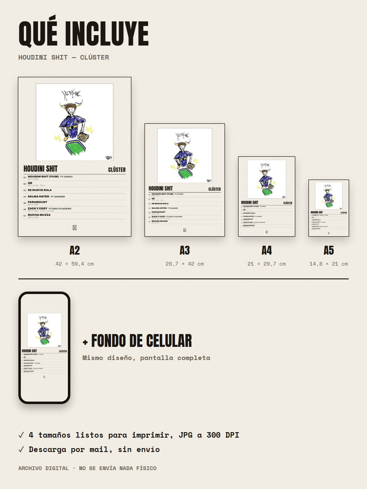 Qué incluye el póster de Houdini Shit de Clúster: A2, A3, A4, A5 y fondo de celular