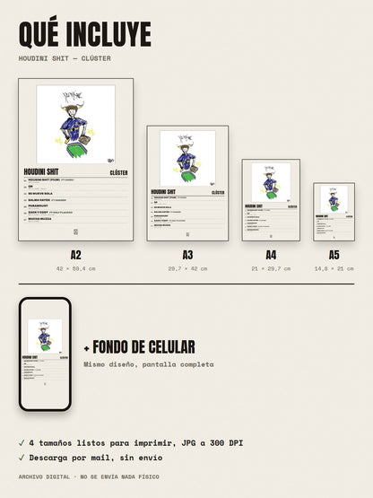 Qué incluye el póster de Houdini Shit de Clúster: A2, A3, A4, A5 y fondo de celular