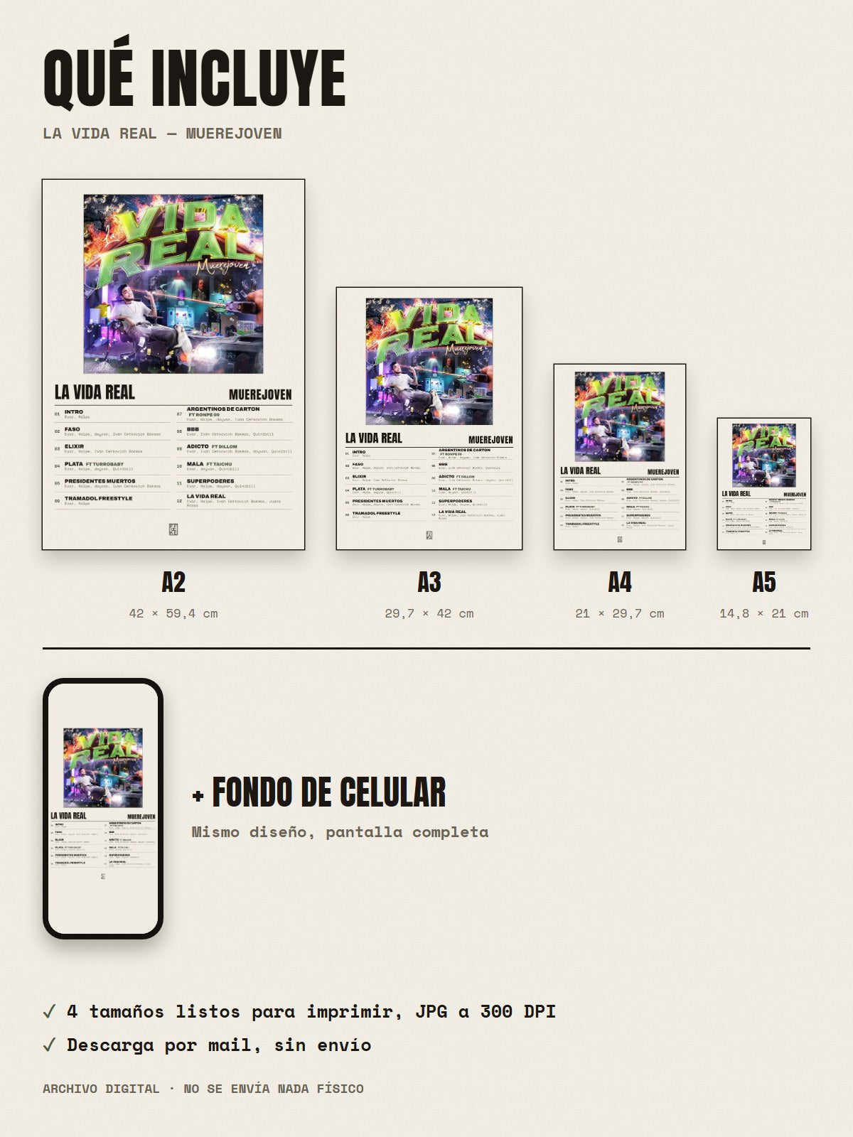 Qué incluye el póster de La Vida Real de Muerejoven: A2, A3, A4, A5 y fondo de celular