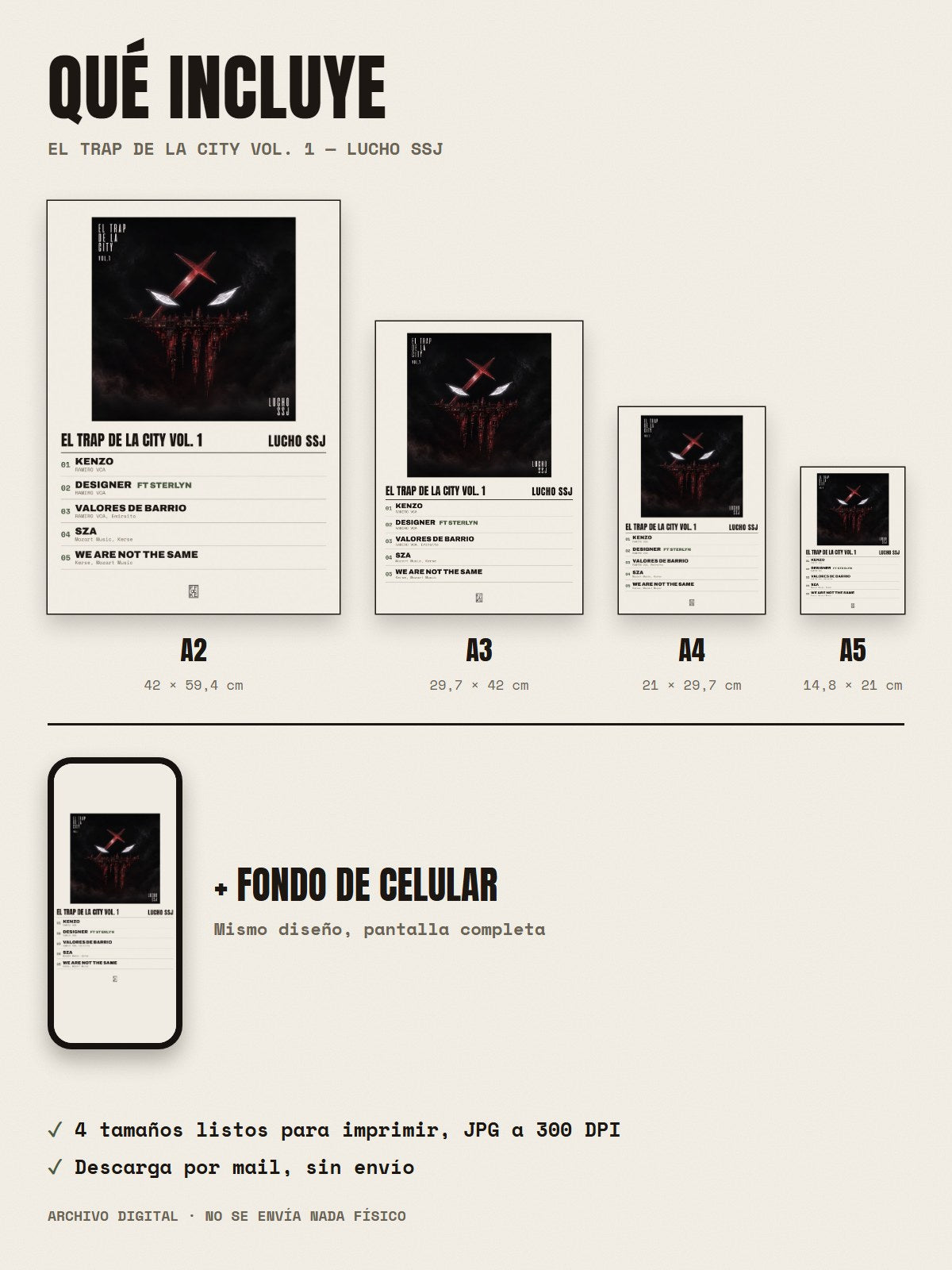 Qué incluye el póster de EL TRAP DE LA CITY Vol. 1 de Lucho SSJ: A2, A3, A4, A5 y fondo de celular