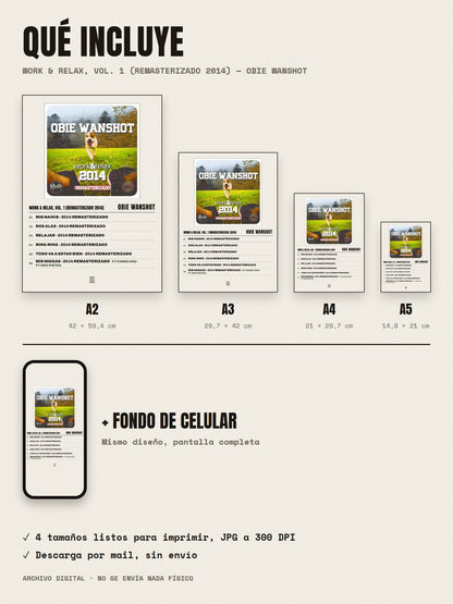 Qué incluye el póster de Work & Relax, Vol. 1 (Remasterizado 2014) de Obie Wanshot: A2, A3, A4, A5 y fondo de celular