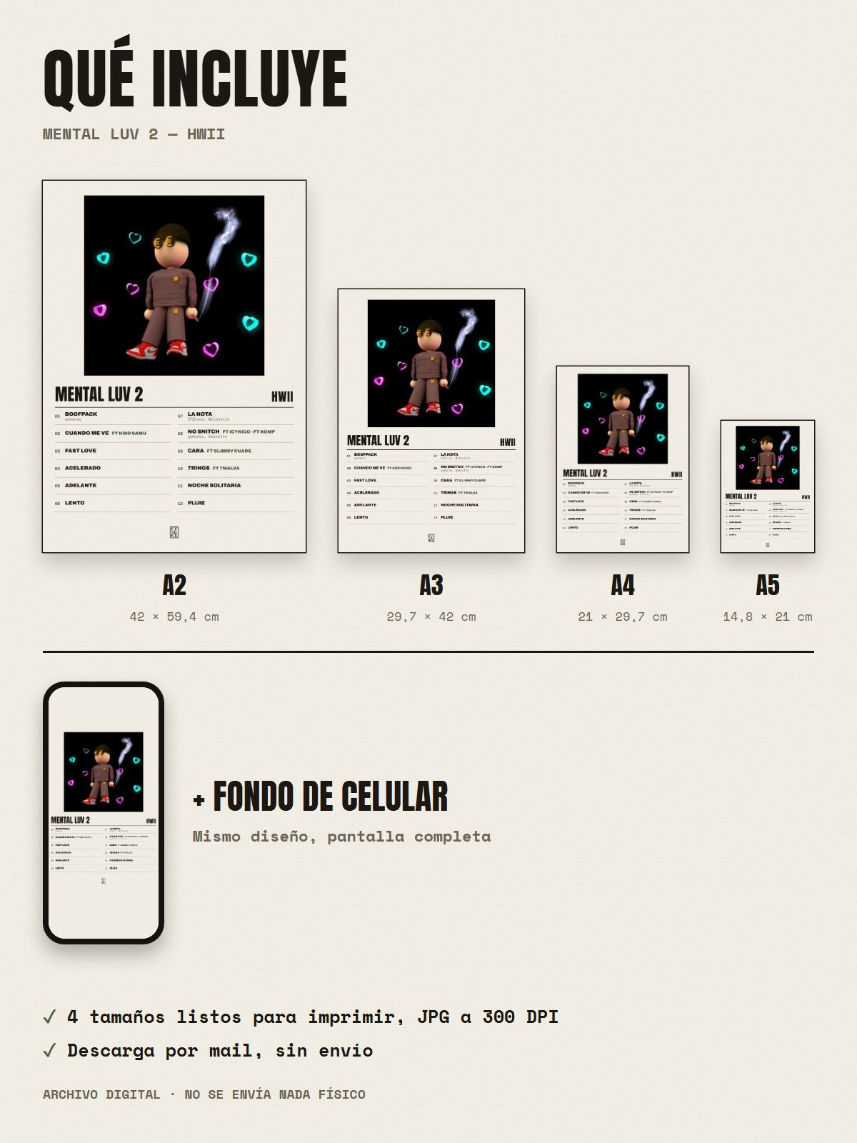 Qué incluye el póster de Mental Luv 2 de Hwii: A2, A3, A4, A5 y fondo de celular