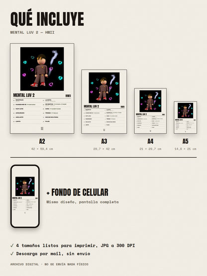 Qué incluye el póster de Mental Luv 2 de Hwii: A2, A3, A4, A5 y fondo de celular