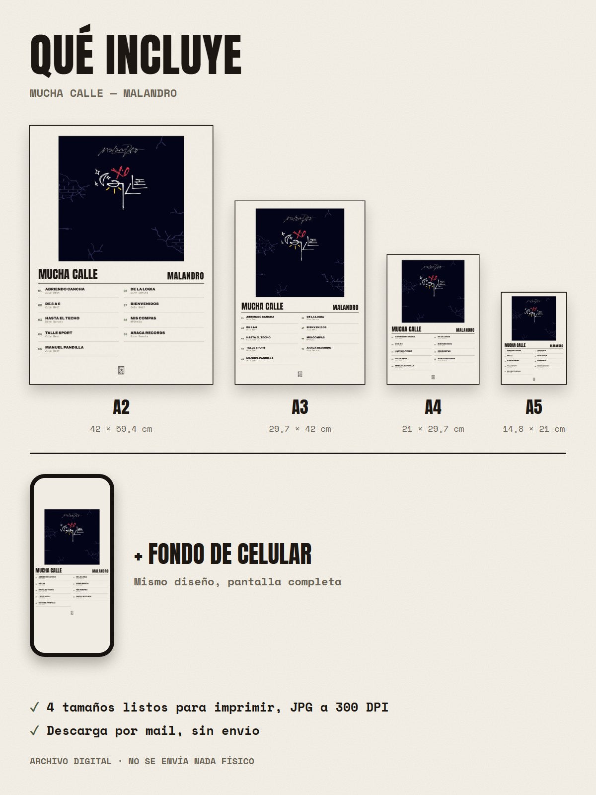 Qué incluye el póster de Mucha Calle de Malandro: A2, A3, A4, A5 y fondo de celular