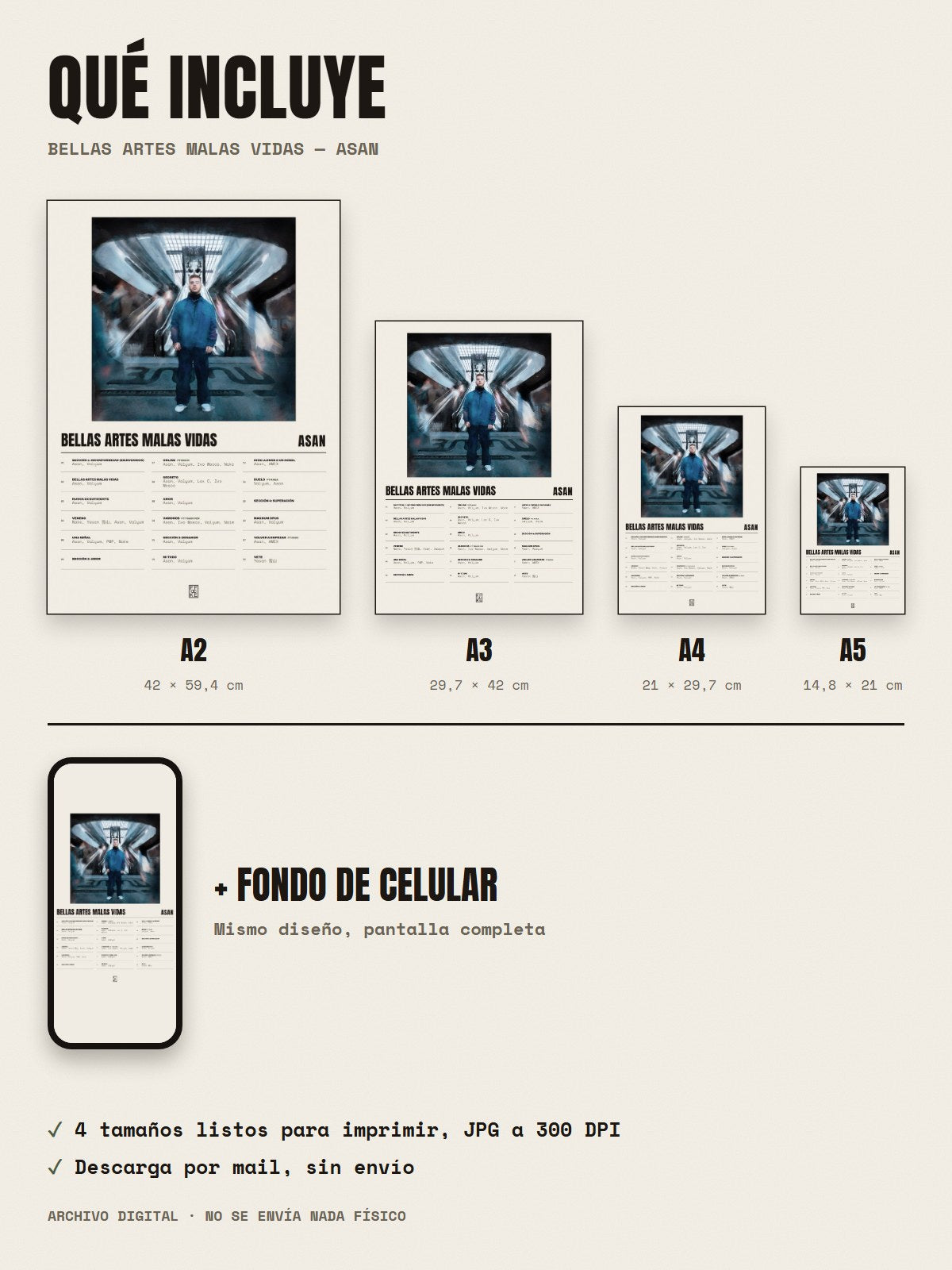 Qué incluye el póster de Bellas Artes Malas Vidas de Asan: A2, A3, A4, A5 y fondo de celular