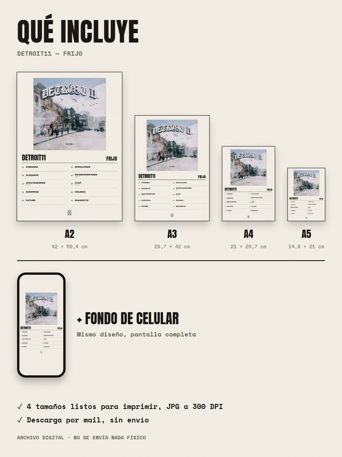 Qué incluye el póster de Detroit11 de Frijo: A2, A3, A4, A5 y fondo de celular