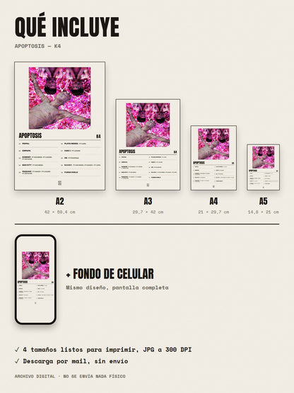 Qué incluye el póster de Apoptosis de K4: A2, A3, A4, A5 y fondo de celular