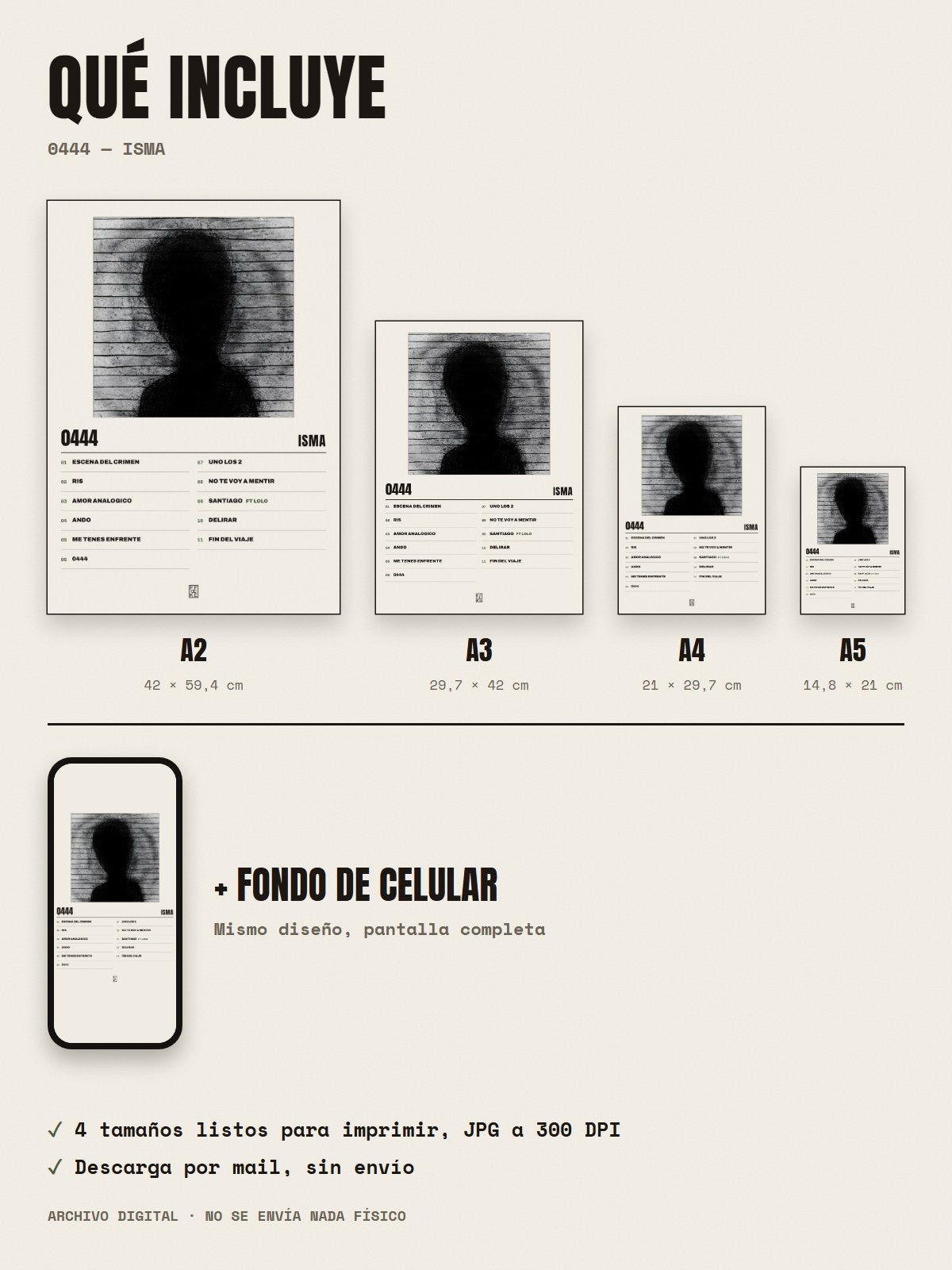 Qué incluye el póster de 0444 de ISMA: A2, A3, A4, A5 y fondo de celular