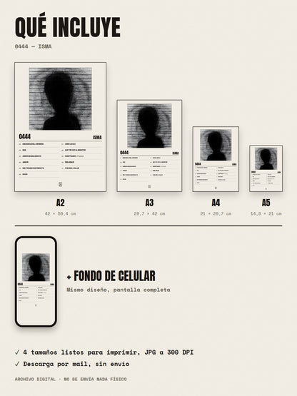 Qué incluye el póster de 0444 de ISMA: A2, A3, A4, A5 y fondo de celular