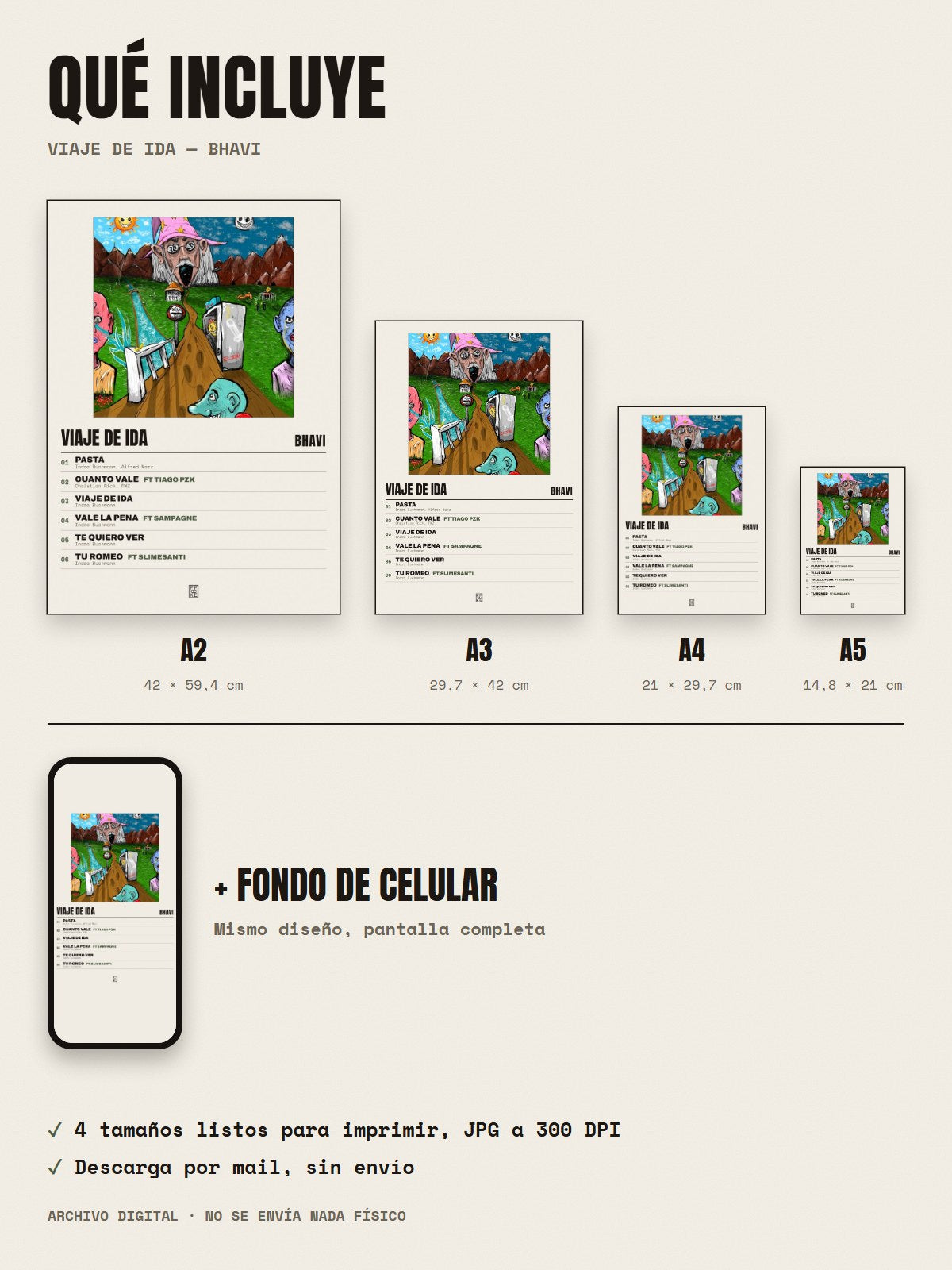Qué incluye el póster de VIAJE DE IDA de Bhavi: A2, A3, A4, A5 y fondo de celular